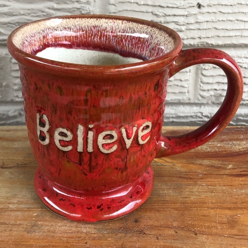 Believe Red Glazed Oversized Inspirational High Relief Ceramic Coffee Mug 22oz